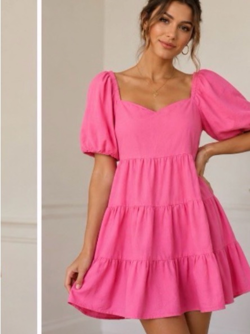 Lush Hot Pink Puff Sleeve Tiered Mini Dress. Size S